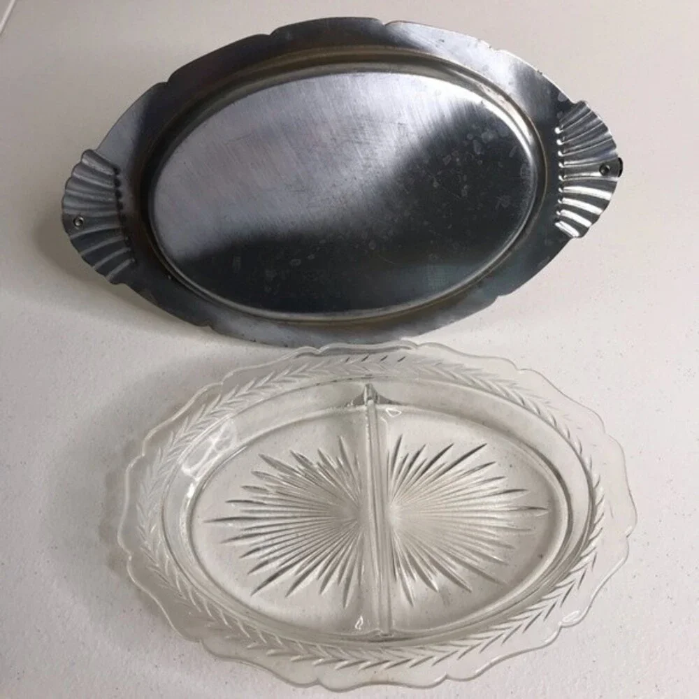 Vintage Divided Glass Metal Handle Serving Condiment Entertainment Holiday Tray